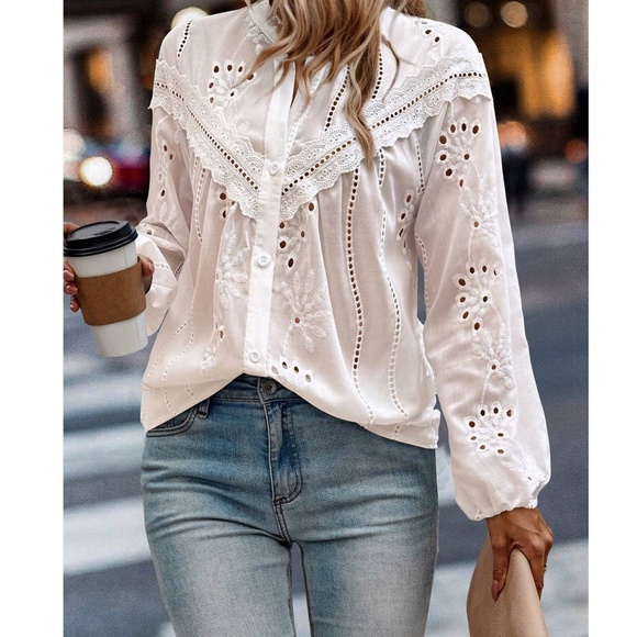 Classic White Lace Embroidered Eyelet Button Down Loose Fit Shirt - Picture 2 of 5